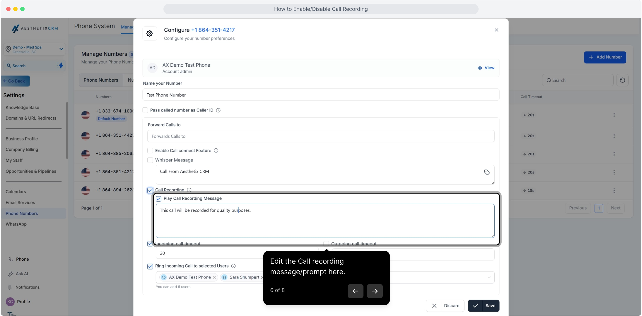 Edit the call recording prompt