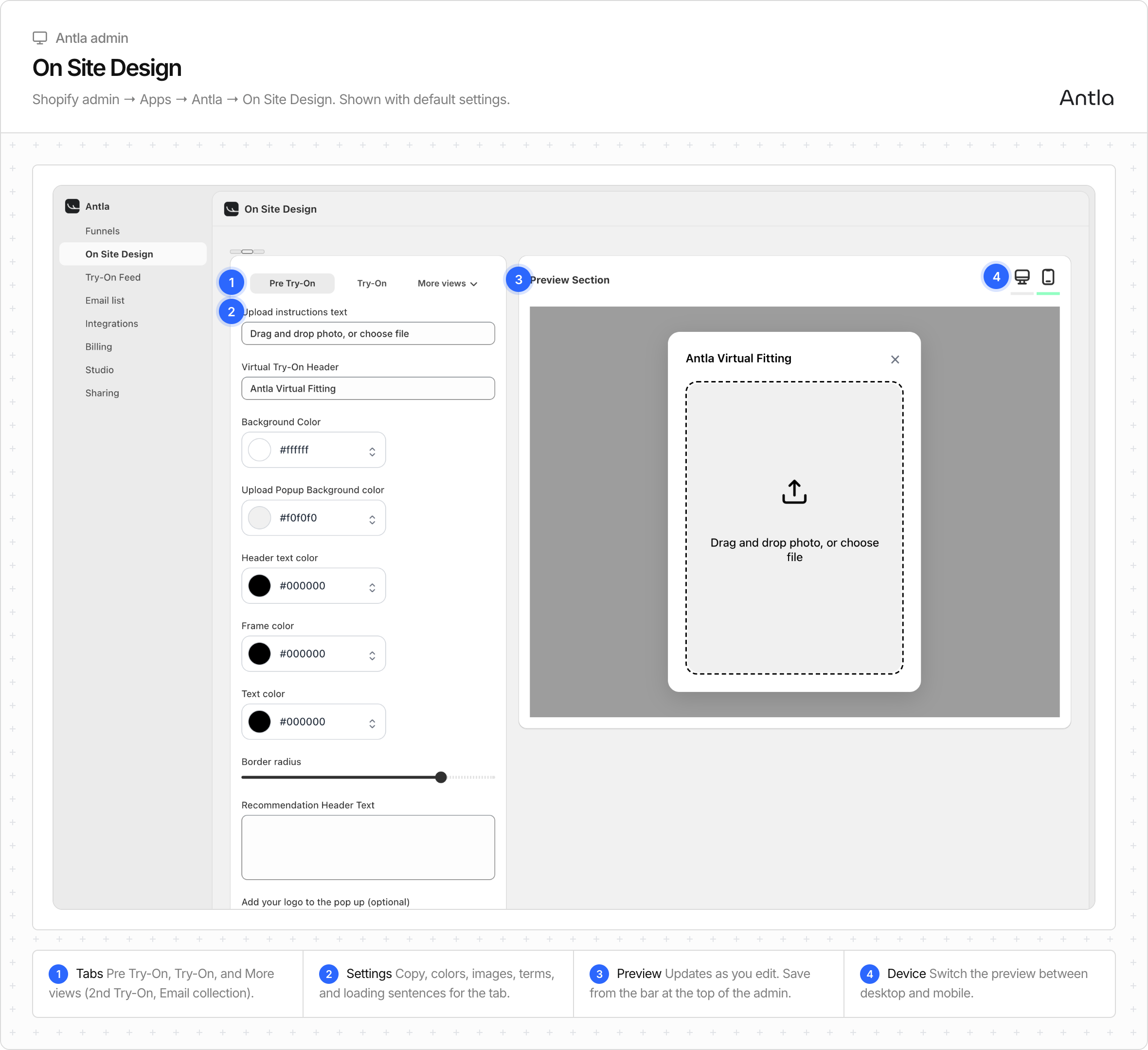 On Site Design in the Antla admin: tabs, settings for the selected tab, and a live preview with a desktop and mobile toggle